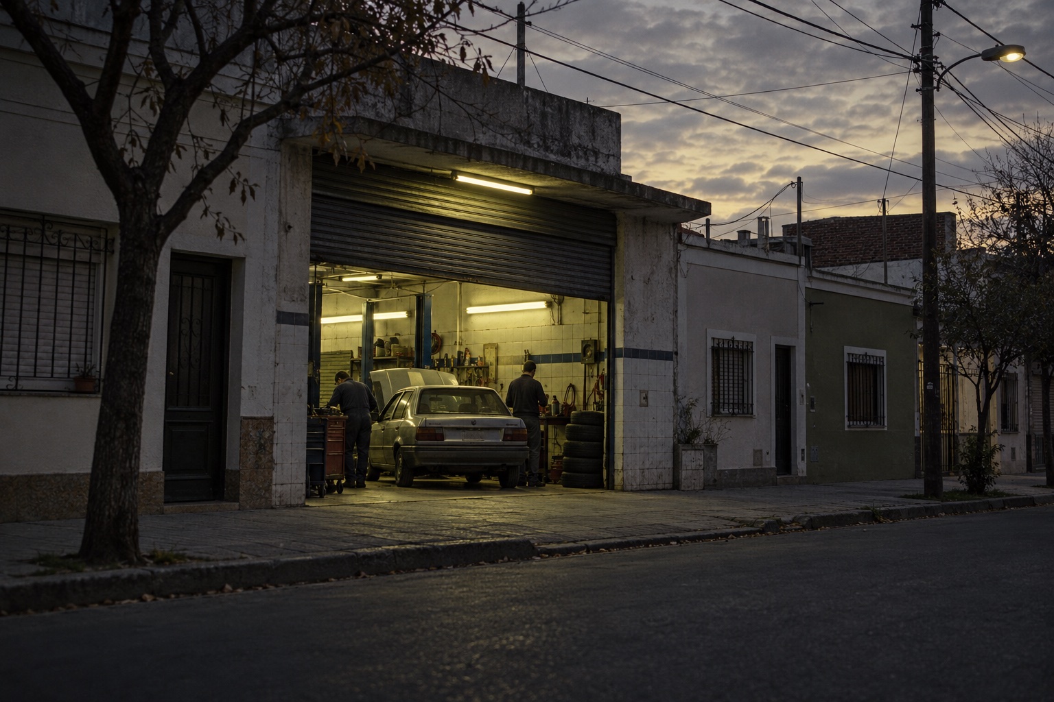 Un taller con la persiana a medio abrir y casas bajas al terminar la jornada